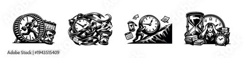 Black and white vector illustration of time management concepts with clocks and hourglasses