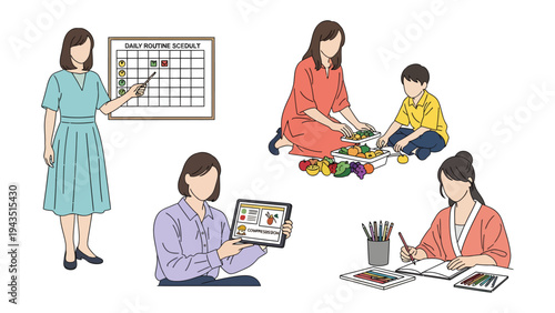 Family Daily Routine: A woman explains a daily routine chart while other family members engage in various activities like food preparation, tablet usage and drawing. Capturing everyday family life.