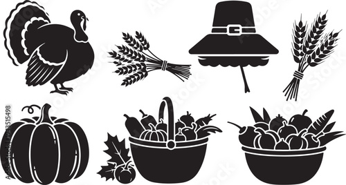 Thanksgiving icons including turkey, hat, and harvest food symbols