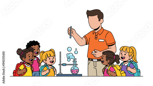 Science Lesson: A captivating educational scene unfolds as a teacher conducts a fascinating experiment for a group of eager students, sparking curiosity and a love for science.