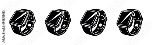 Vector illustration of digital smartwatches in black and white silhouette style