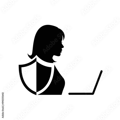 Woman with shield on laptop.