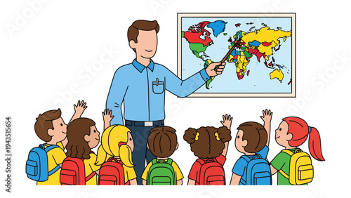 A Geography Lesson: A teacher guides a group of attentive children in a classroom as they learn about the world, creating a dynamic scene of discovery and knowledge.