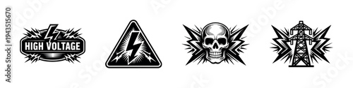 Black and white high voltage warning icons set in vector style