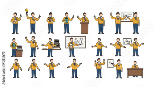 Teacher's versatile day: A collection of illustrations showcasing the diverse roles and activities of an educator, encompassing everything from instruction to presentation and planning.