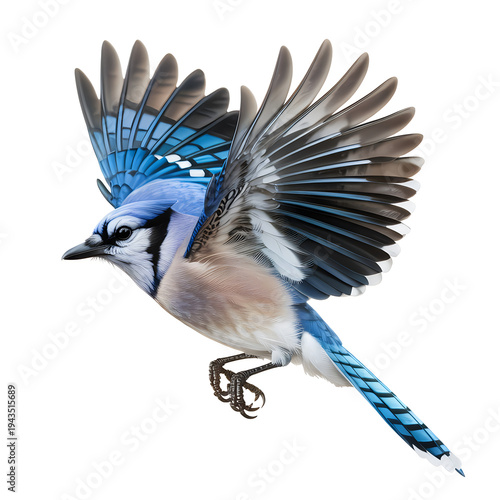 Photorealistic blue jay in flight with wings spread wide bird flying avian