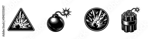 Explosive hazard warning symbols and detonation devices silhouette vector set