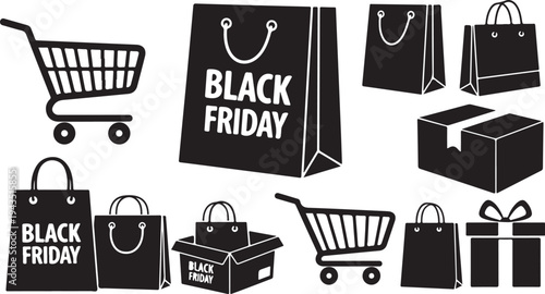 Black Friday shopping icons and sale symbols illustration set