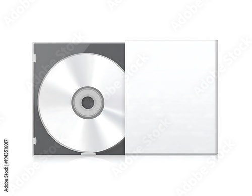 A shiny, silver optical disc sits inside an open black case, with a blank white cover beside it on a white background