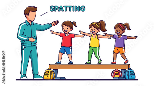 Balance Beam Lesson: A coach guides young athletes as they practice their balance on a wooden beam, the image illustrating a scene of teamwork and active learning in an engaging way.