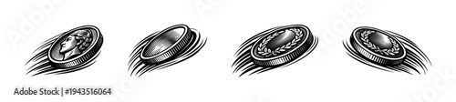 Vintage coin illustrations, black and white vector design featuring engravings and motion lines