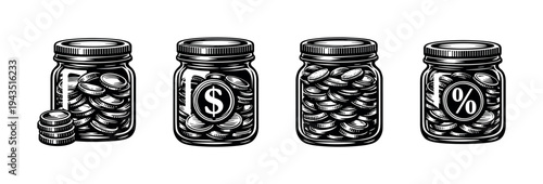 Black and white vector illustration of savings jars with coins and symbols