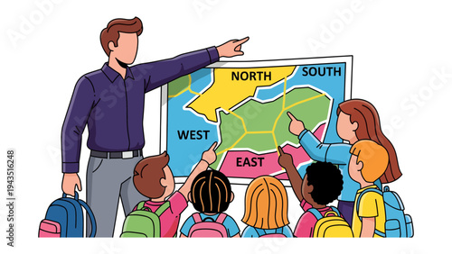 Geography Lesson: A teacher guides a diverse group of elementary students through an engaging geography lesson, pointing to locations on a map and igniting curiosity and a thirst for knowledge.
