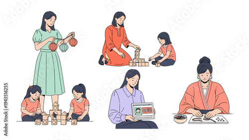 Mother and daughter moments: A heartwarming illustration captures everyday moments of a mother and daughter, highlighting the strong bond they share through various activities. 