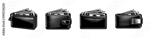 Set of vector illustrations of wallets with cash in black and white silhouette style