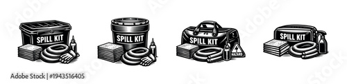 Black and white vector illustration of spill kit equipment collection with containers