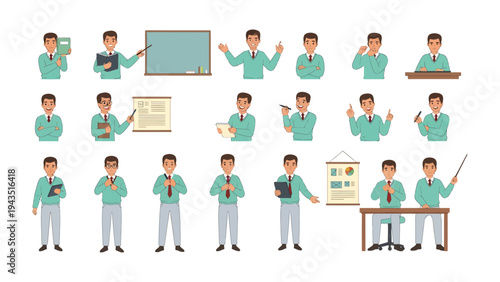 Teacher in Action: A comprehensive collection of illustrations showcases a teacher in various poses and actions, from presenting and explaining to thinking and gesturing.