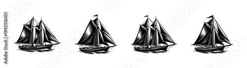 Nautical themed black and white sailing ship illustrations set silhouette art