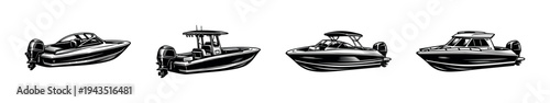 Set of vector illustrations of motorboats in black and white silhouette style