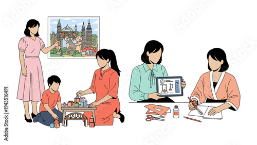 Creative Family Moments: Illustrative scenes capture the essence of family life, with moments of creativity, learning, and togetherness. A mother and child engage in crafting.