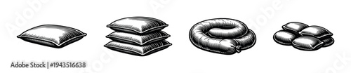 Black and white vector illustration of pillows and cushions in various shapes