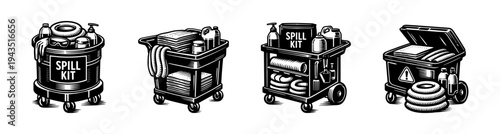 Black and white vector illustration of industrial spill kit trolleys and equipment