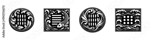 Elegant black and white japanese style vector designs featuring fish and waves