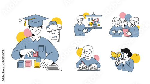 Knowledge Icons: Illustrative collection depicting various educational scenarios, conveying the essence of learning, academia, and the pursuit of knowledge. 