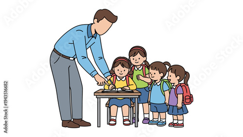 Classroom Guidance: A teacher gently guides and encourages a group of young students as they learn and explore in a nurturing classroom environment.