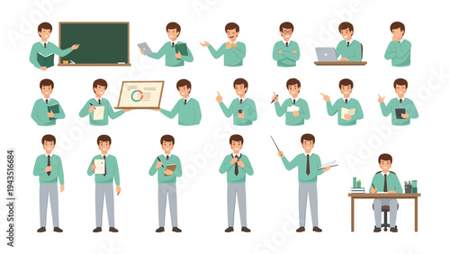 Teacher Poses Collection: A collection of various poses of male teacher, showcasing the diversity of his teaching gestures, presenting different aspects of classroom interactions.