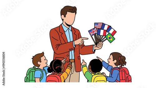 Language Education: A teacher passionately introduces different flags and languages to a group of eager young students, sparking curiosity and a love for different cultures.