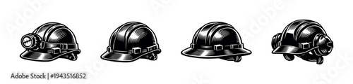 Set of vintage mining helmets black and white vector illustration