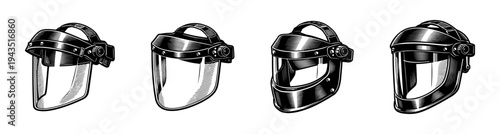 Set of vector black and white face shields industrial safety equipment illustration