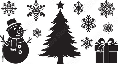 Black and white Christmas icons with snowflakes and gifts