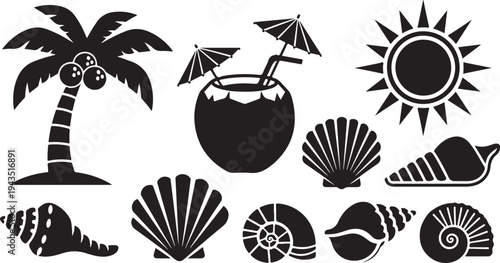 Tropical beach icons with palm tree and seashells vector