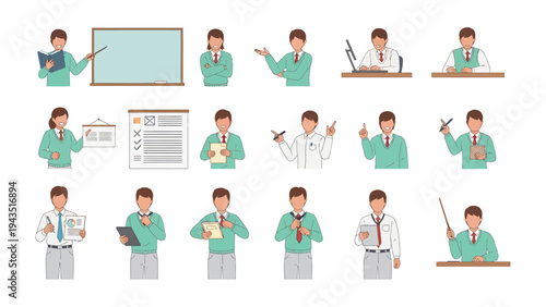 Animated Teacher Collection: A set of animated teacher is engaged in various teaching-related activities, from presenting information and explaining concepts to gesturing and showing documents.