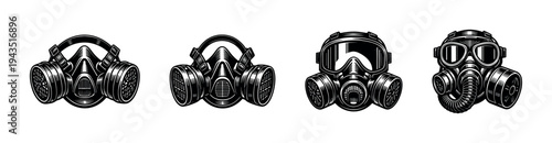 Set of vector illustrations of gas masks in black and white silhouette style