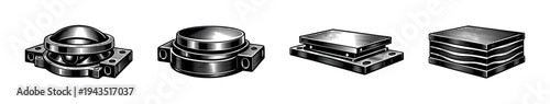 Industrial metal components illustration set black and white vector engraving style