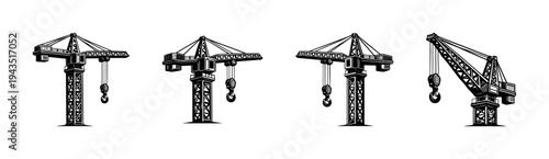 Set of four vector construction cranes silhouette black and white illustration
