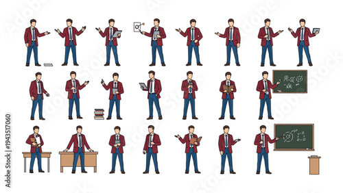 Educator Poses: A diverse set of illustrations displaying an educator in various dynamic poses and interactions, equipped with essential educational tools, ready to teach and inspire.