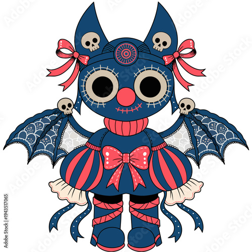 Cute Gothic Bat Character with Skull Accessories and Lace Details