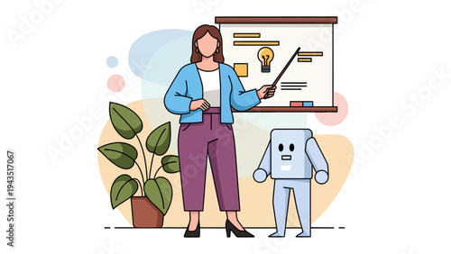 Teaching with Technology: An educator demonstrates a concept to an AI assistant, highlighting the evolution of education and technology. 