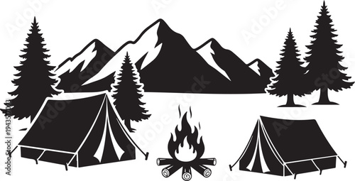 Camping in the mountains with tents and campfire silhouette
