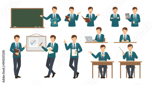 Business Educator in Action: A comprehensive collection of illustrations showcases a versatile business educator, engaged in various activities like teaching, presenting, and problem-solving.