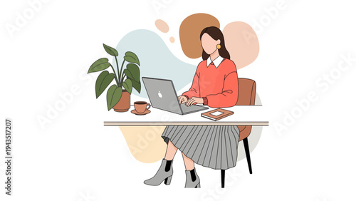Working Gracefully: A woman engrossed in her work at a modern desk with a laptop and a houseplant, exuding focus and composure.