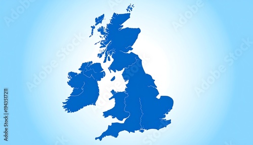 A simplified, blue silhouette map of the United Kingdom and Ireland set against a gradient, light blue background