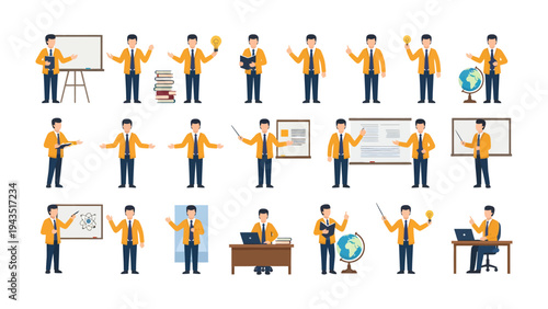 Set of Teaching Moments: A collection of various poses of a teacher, illustrating the different facets of imparting knowledge and guiding students in their academic journey.
