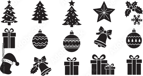 Black Christmas icons on white background festive holiday symbols