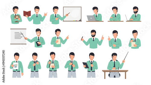 Diverse Business Poses: A curated set of illustrations of a business man, demonstrating various actions and poses, offering versatility and adaptability.