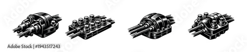 Black and white vector illustration of industrial electrical connectors and wiring elements